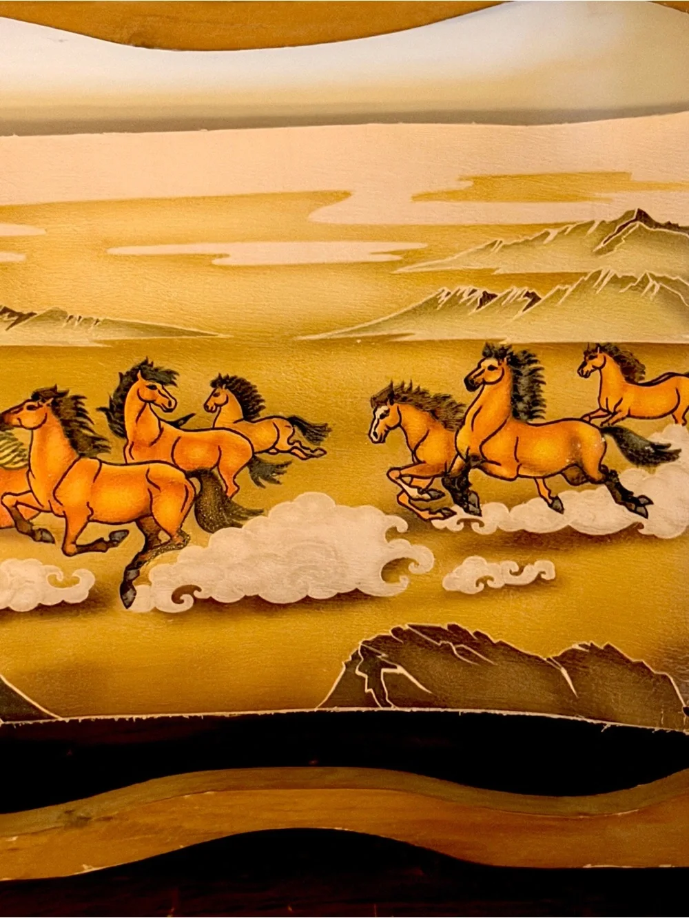 Vintage Running Wild Horses Mongolian Leather Painting Rustic Wood Frame 9x11”